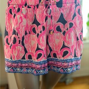 Lilly Pulitzer Pink Flamingo Print Shorts with Navy Trim